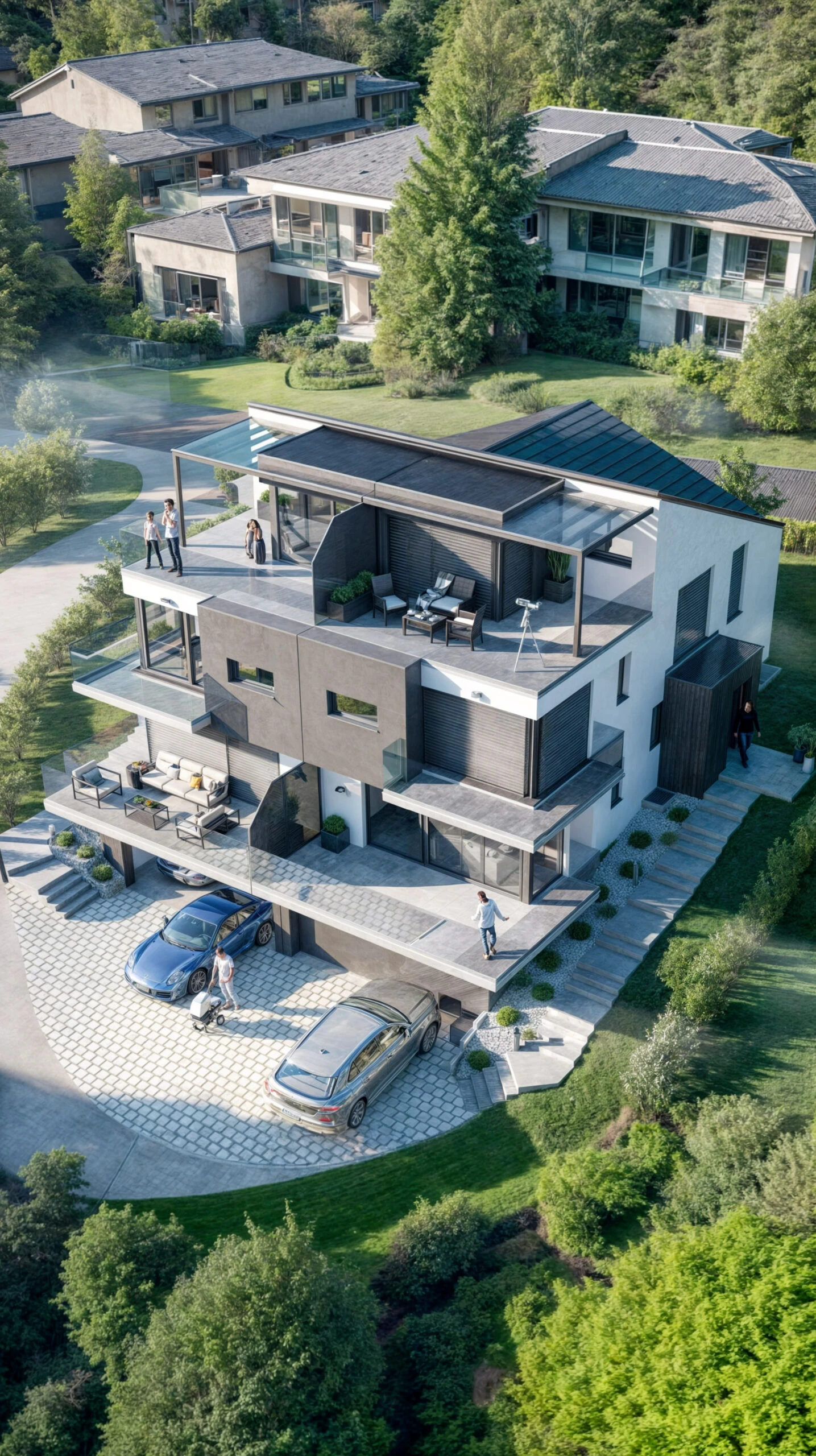 Nowoczesny budynek wielorodzinny z lotu ptaka - wizualizacja 3D-Archi
