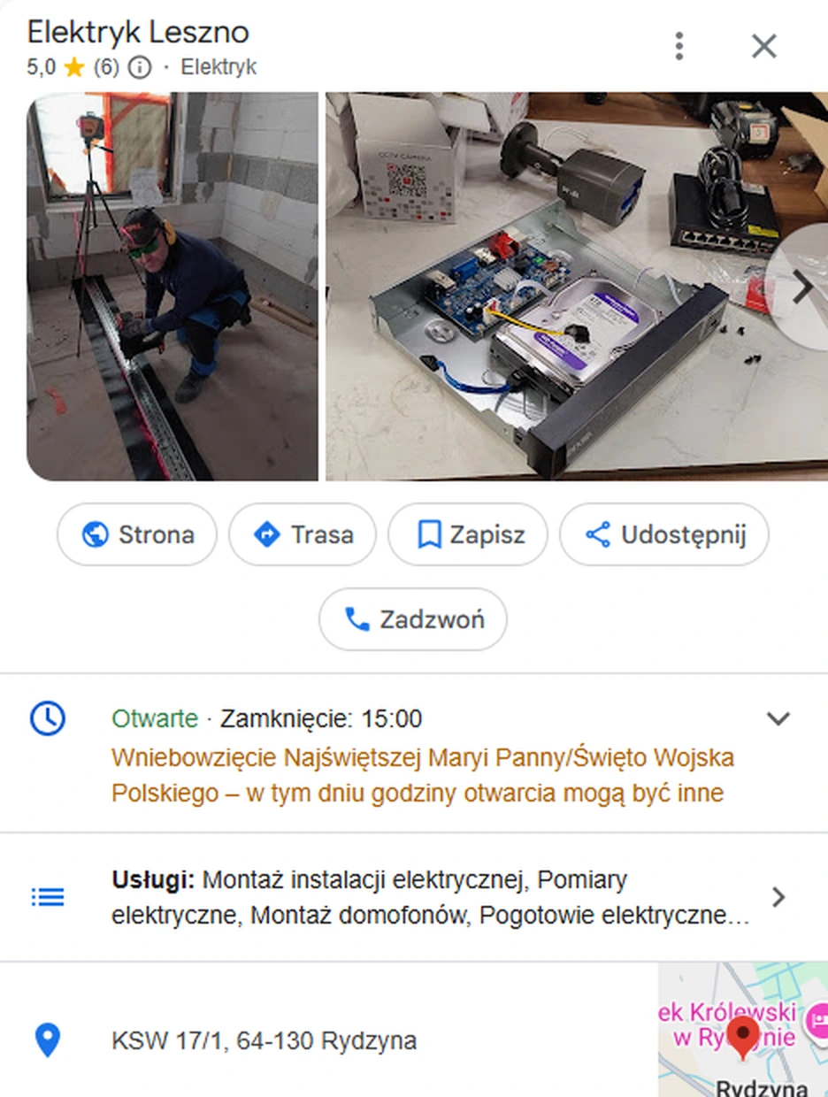 Profil Elektryk Leszno w wynikach Google: ocena 5,0 z sześciu opinii, zdjęcia z realizacji, lista usług, godziny otwarcia