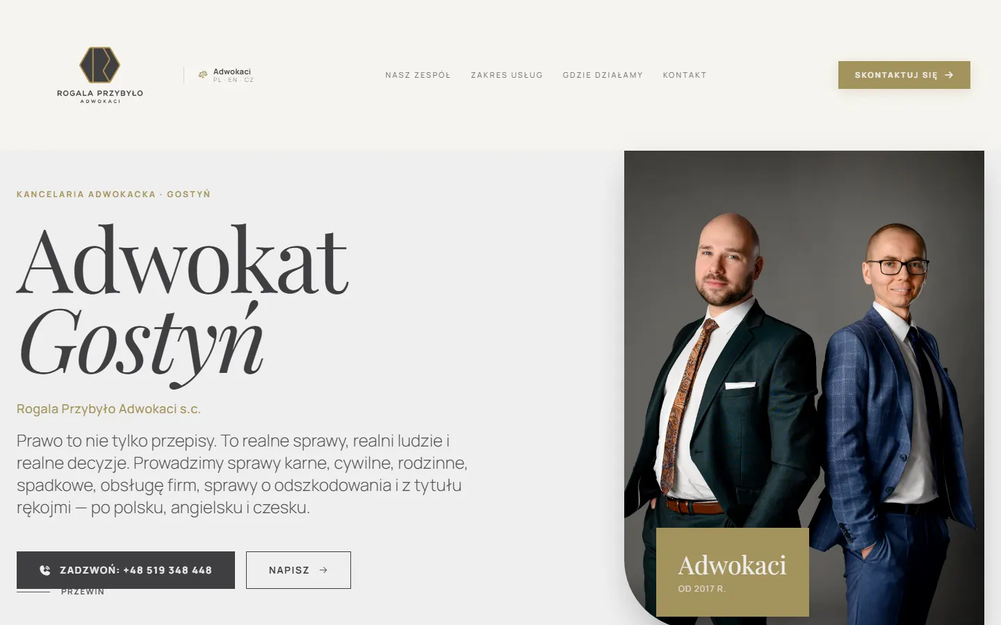 Strona Kancelaria w Gostyniu, pierwszy ekran