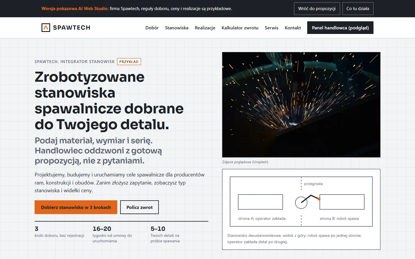 Pierwszy ekran strony pokazowej Spawtech: kreator doboru stanowiska w trzech krokach