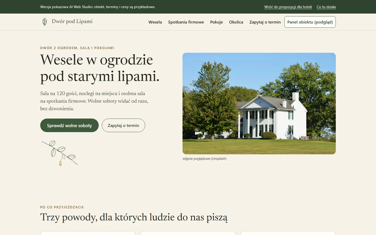 Pierwszy ekran strony pokazowej Dworu pod Lipami: zapytanie o termin wesela albo konferencji