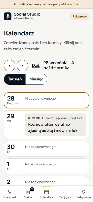 Ekran Social Studio: kalendarz postów