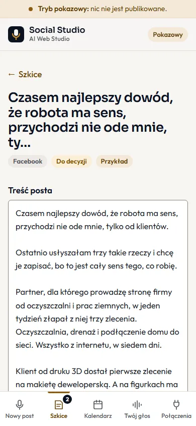 Ekran Social Studio: szkic posta napisany z głosówki, czeka na decyzję